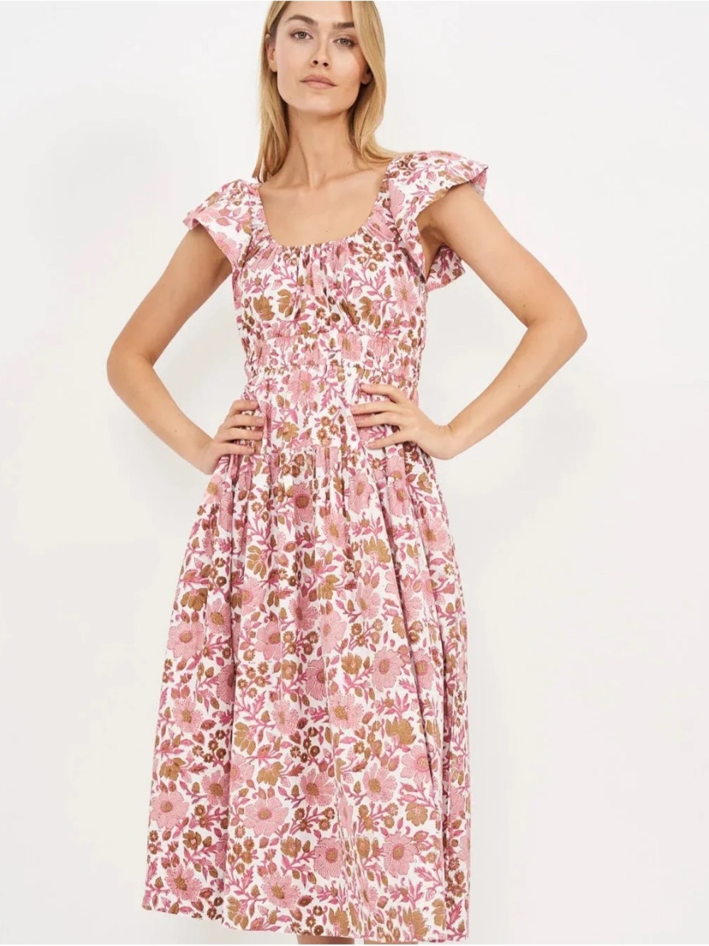 Marea Jane Pink Floral Midi Dress with Ruffle Sleeves in Shell Orsay Floral